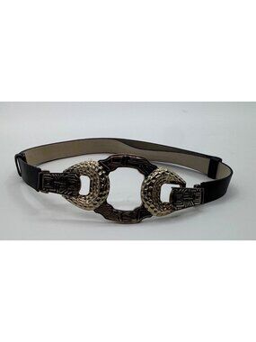 Chicos Genuine Leather Black Belt With Gold-Tone Hammered Circle Buckle Accent